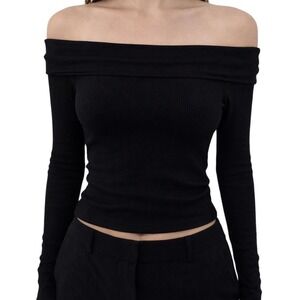 Black Off Shoulder Ribbed Top Long Sleeve Stretch Fitted Minimalist Sm Bodycon
